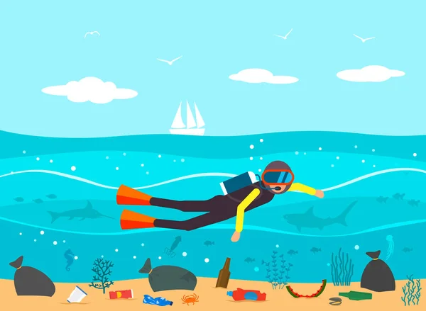 Débris Marins Plastique Flottant Avec Plongeur Nageant Sur Les Récifs — Image vectorielle