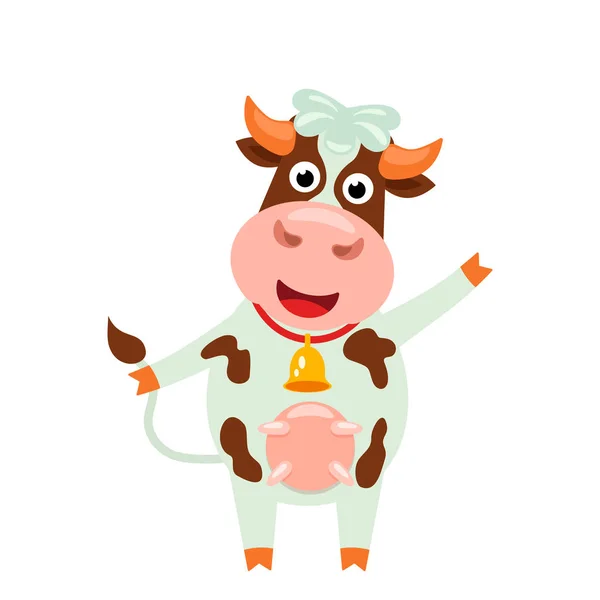 Милая Корова Забавным Лицом Колокольчиком Смешной Персонаж Мультяшном Стиле Плоская — стоковый вектор