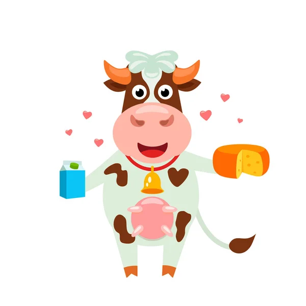Hermosa Vaca Manchada Divertida Sosteniendo Queso Leche Diversión Dibujos Animados — Vector de stock
