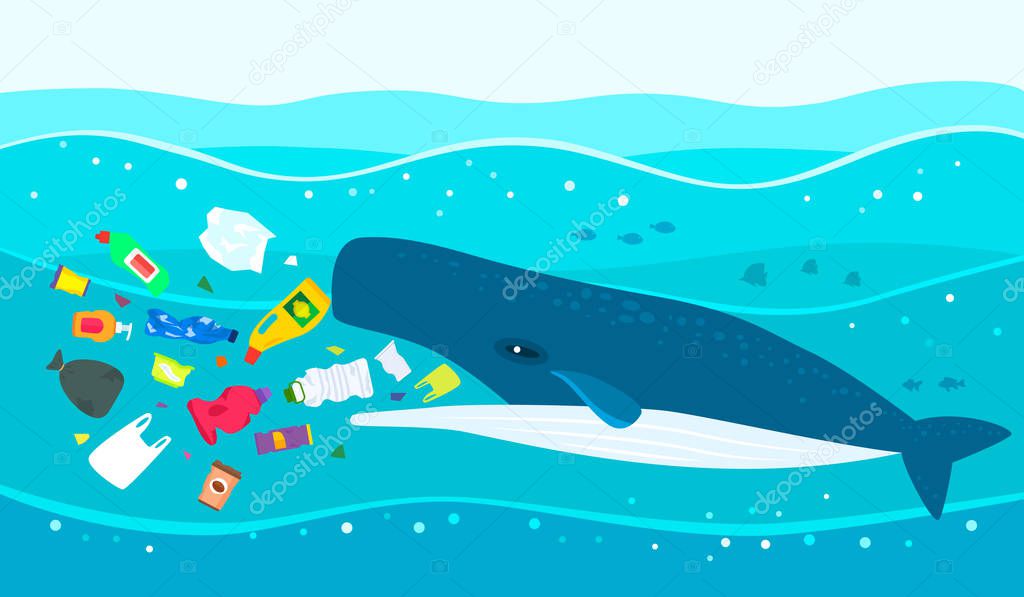 Ecological disaster of plastic garbage in the ocean. A large sperm whale eats plastic trash against a polluted sea. flat vector illustration