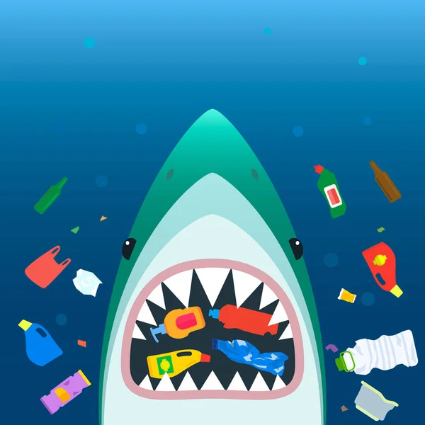 Desastre Ecológico Basura Plástica Océano Tiburón Asustadizo Con Boca Abierta — Vector de stock