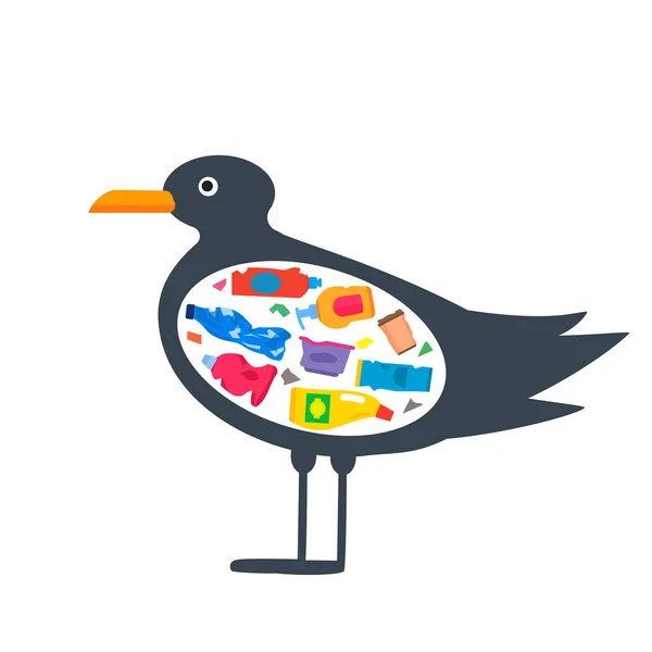 Bird Seagull Full Belly Garbage Concept Warming World Pollution Seas — Stock Vector