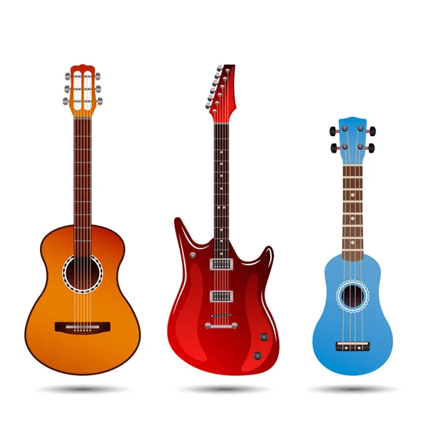 Conjunto de diferentes guitarras realistas brillantes. Guitarra acústica retro, guitarra rock eléctrica y un pequeño ukelele azul. ilustración vectorial plana aislada — Vector de stock