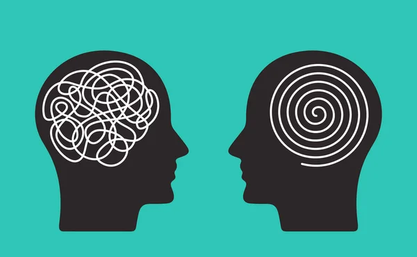 İki kafa bir kişinin ters zihniyet ile. kaos ve düşünceler sırayla kavramını. düz vektör illüstrasyon izole