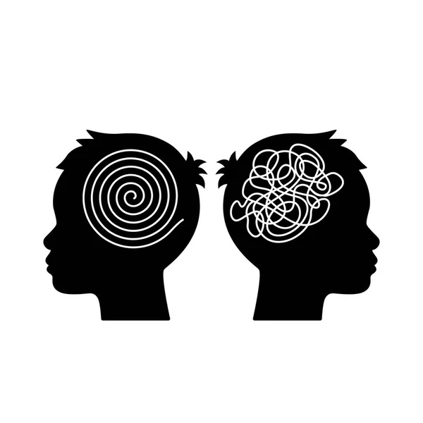 Two heads of a person with the opposite mindset. concept of chaos and order in thoughts. flat vector illustration isolated — Stock Vector