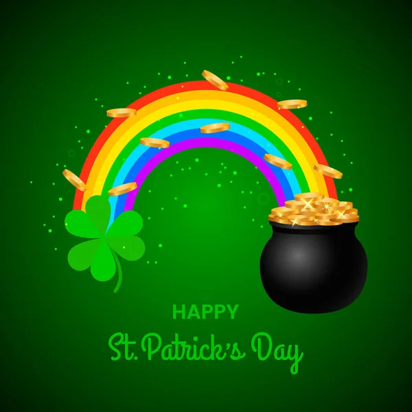 Festlich grüne Fahne oder St. Patrick 's Day Grußkarte. Traditionelle Symbole sind ein Topf mit Goldmünzen, ein Regenbogen und Kleeblätter. Vektor — Stockvektor