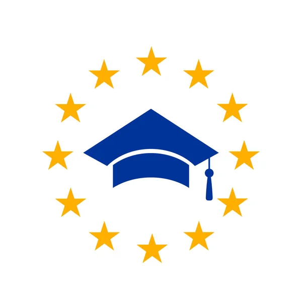 欧州連合の黄色の星の円のブラシで大学院のキャップ。ヨーロッパでは、海外留学のコンセプトです。白い背景で隔離のフラット ベクトル図. — ストックベクタ