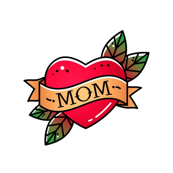 Hati dengan pita dan tulisan Mom. Menyambut elemen kartu ucapan retro untuk Hari Ibu. Tato antik. ilustrasi vektor datar terisolasi - Stok Vektor