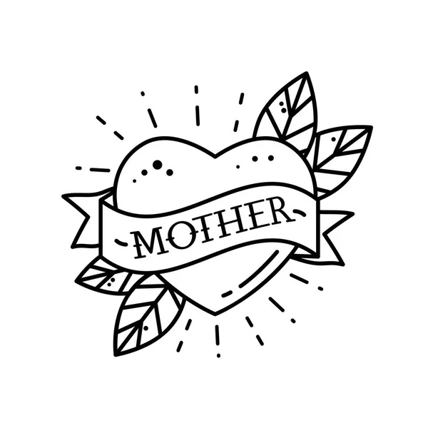 Kalp şerit ve yazıt anne. Anneler günü için tebrik retro tebrik kartı öğe. Vintage dövme. düz vektör illüstrasyon izole — Stok Vektör