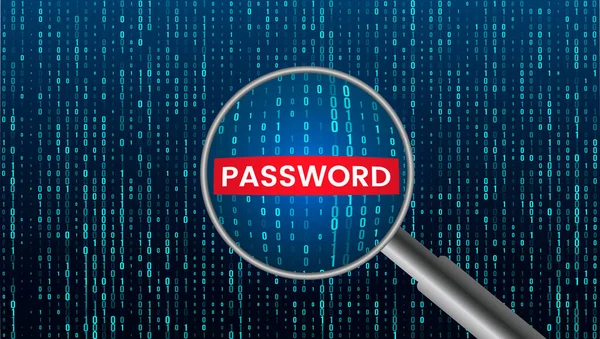 Loupe pirate avec un code d'accès sur l'arrière-plan d'un flux de nombres binaires. illustration informatique moderne. concept de sécurité dans le cyberespace . — Image vectorielle
