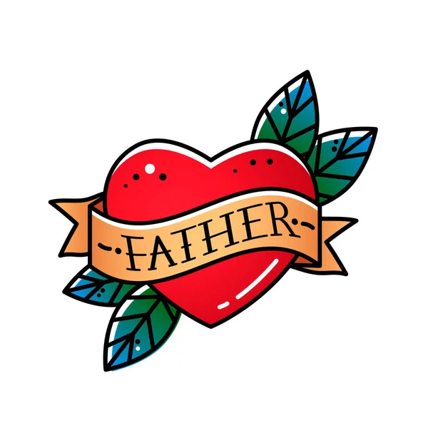 Heart with ribbon and inscription Father. Greeting retro postcard element for father's day. vintage tattoo. flat vector illustration — Stock Vector