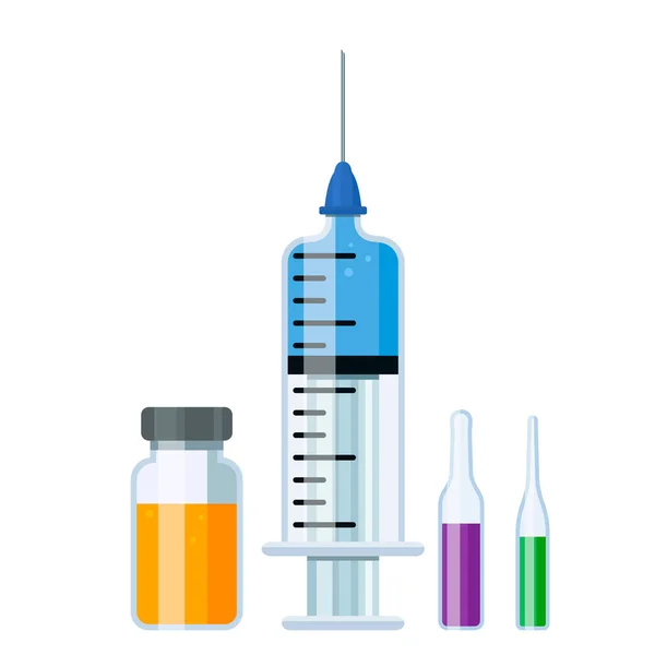 Medische injectiespuit met een naald en medicijnen binnen. Het concept van behandeling en gezondheid. platte vectorillustratie geïsoleerd — Stockvector