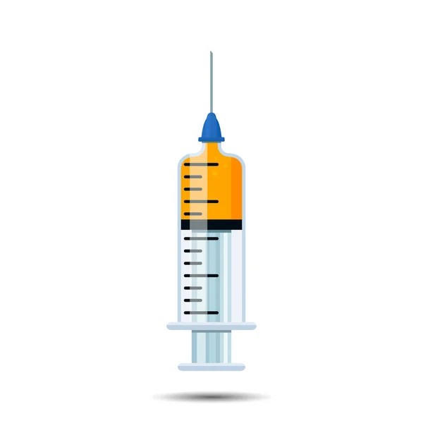 Medische injectiespuit met een naald en medicijnen binnen. Het concept van behandeling en gezondheid. platte vectorillustratie geïsoleerd — Stockvector