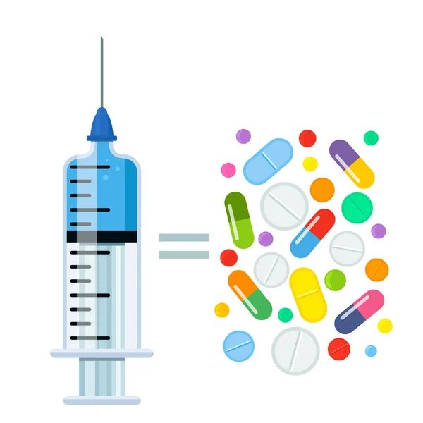 Een medische injectiespuit met een naald en medicijnen binnen en een bos van pillen en capsules. Het concept van behandeling en gezondheid. platte vectorillustratie geïsoleerd — Stockvector