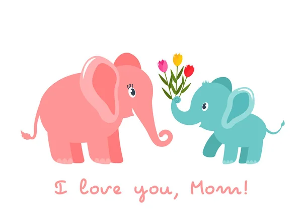 Lindo elefante bebé divertido da un ramo de corazón de flores tulipanes. Tarjeta de felicitación. Día de las Madres concepto de vacaciones. ilustración vectorial plana aislada — Archivo Imágenes Vectoriales