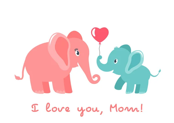 Lindo elefante bebé divertido le da a la madre un corazón. Tarjeta de felicitación. Día de las Madres concepto de vacaciones. ilustración vectorial plana aislada — Vector de stock