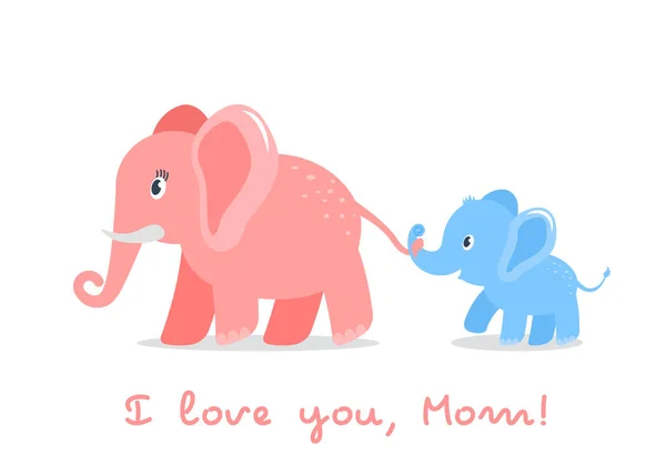 Divertente personaggio elefante figlio tiene la coda di sua madre. concetto di amore per i genitori e la giornata delle madri. illustrazione vettoriale piatta isolato — Vettoriale Stock