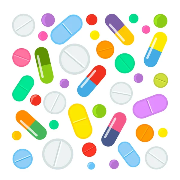 Un grand ensemble de comprimés colorés et diverses capsules médicales de médicaments. illustration vectorielle plate isolée sur fond blanc . — Image vectorielle