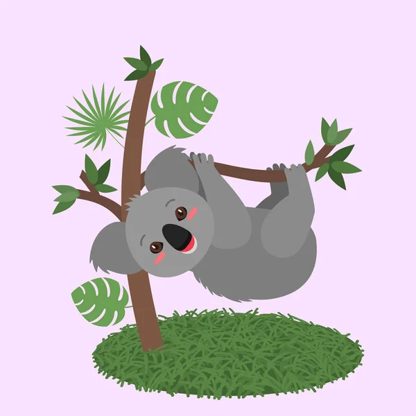 Legrační koala baby zavěšení na strom s listy. izolované ploché vektorové ilustrace — Stockový vektor