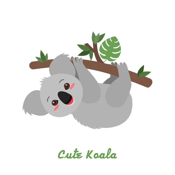 Rolig koala baby hängde på ett träd med blad. flat vektorillustration isolerade — Stock vektor