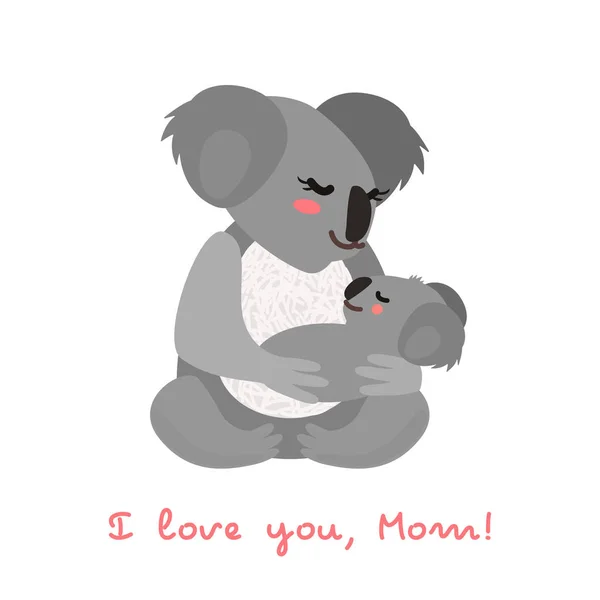 El koala gracioso mantiene a su bebé. tarjeta de felicitación para el día de la madre de vacaciones. ilustración vectorial plana aislada — Vector de stock