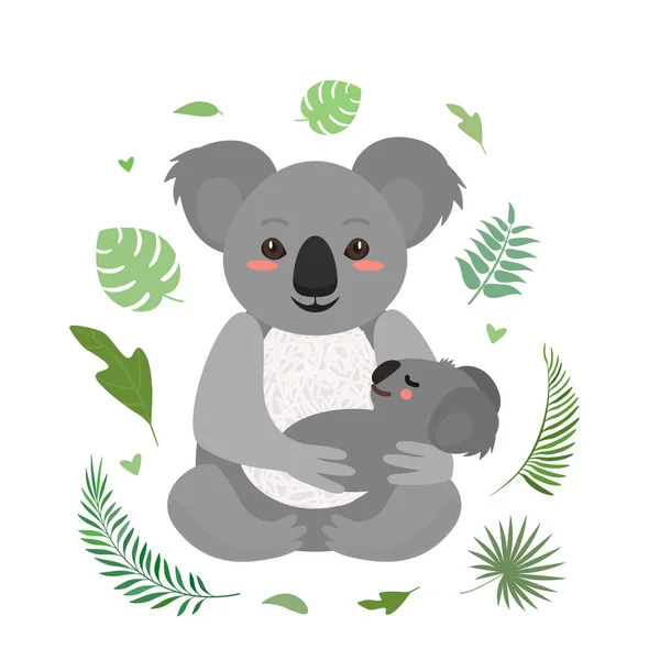 Vicces koala tartja a kisbabáját. a holiday anyák napja üdvözlőlap. lapos vektoros illusztráció elszigetelt — Stock Vector