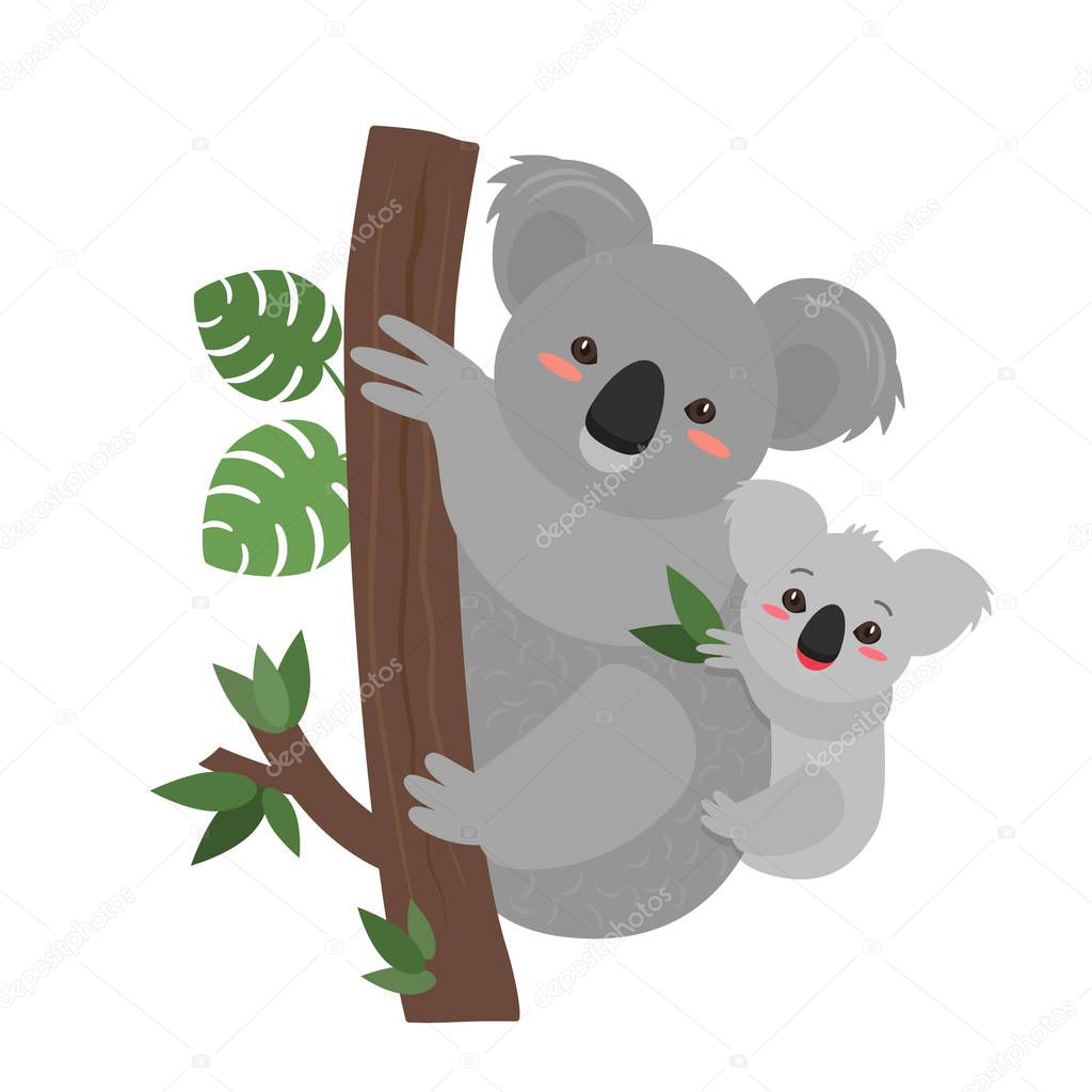 Funny koala keeps her baby. greeting card for the holiday mother's day. flat vector illustration isolated