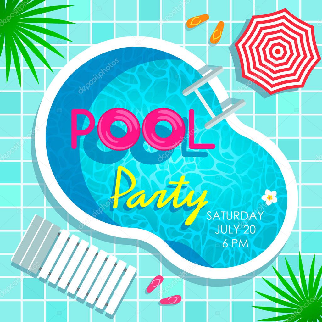 Bright poster invitation to a beach party by the pool. Top view of a swimming pool, parasol and sunbed. vector