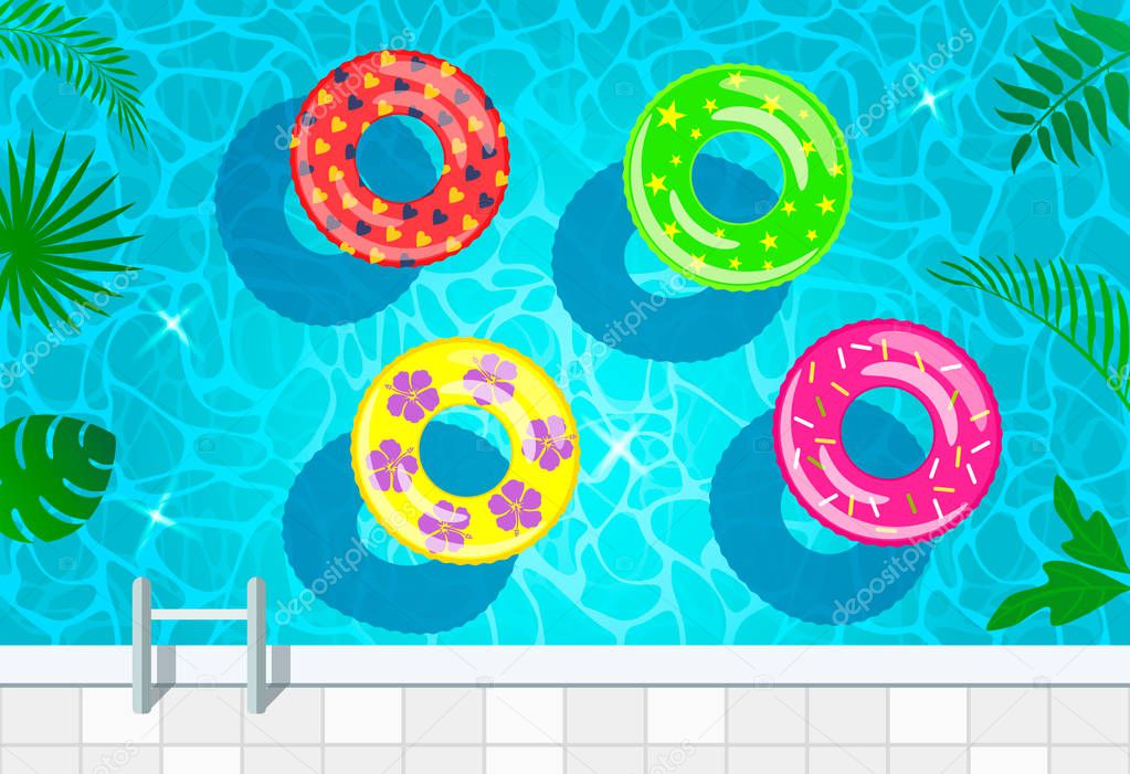 A vivid illustration of the water texture in the pool with inflatable circles for swimming top view. vector