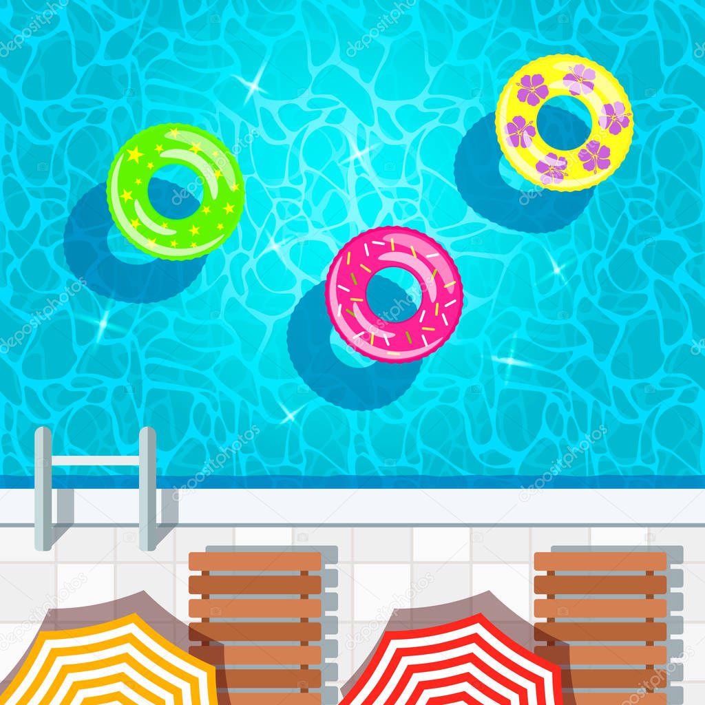 A vivid illustration of the water texture in a swimming pool with inflatable swimming circles. Top view of a swimming pool, parasol and sunbed.
