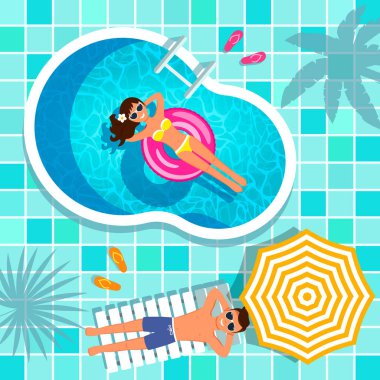 Şişme daireler, güzel bir kız ve bir erkek Yüzme Havuzu su doku canlı bir örnek. Üstten Görünüm Havuzu, şemsiye ve şezlong. vektör
