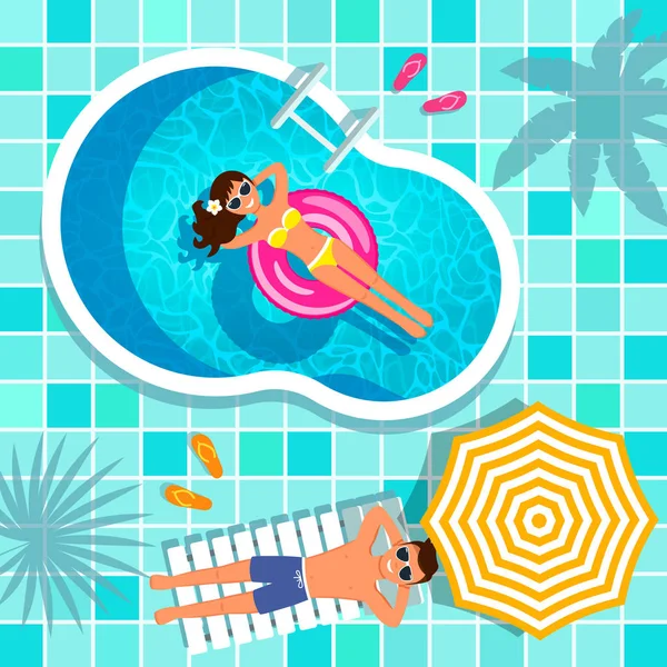 Een levendige illustratie van de textuur van het zwembad water met opblaasbare zwemmen cirkels, een mooi meisje en een jongen. Bovenaanzicht van het zwembad, een parasol en een ligstoel. vector — Stockvector