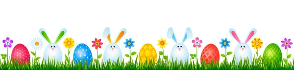 Komik Tavşan yumurta çiçeklerle yeşil çimenlerin üzerinde. Paskalya ve bahar kavramı. vektör çizim — Stok Vektör
