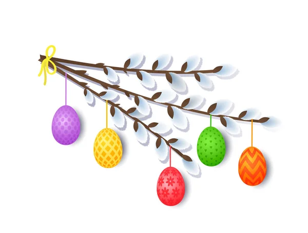 Bright Easter colored eggs hang on a pussy-willow branch. Congratulatory easter element with shadow vector illustration isolated — Stock Vector