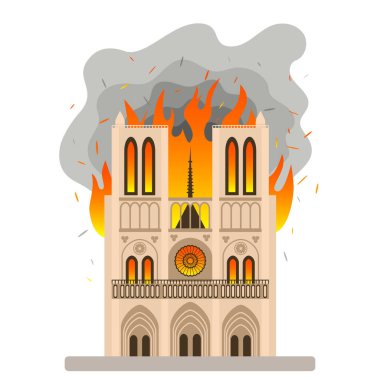 Notre Dame de Paris'in görüş alanında çıkan trajik yangın. Our Lady Katedrali'nde alev. düz vektör illüstrasyon