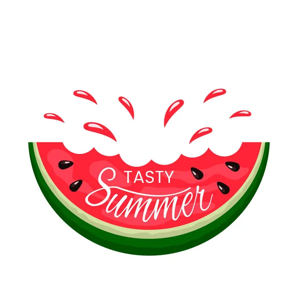 Saftige Scheibe Wassermelonenbiss mit Handschrift leckeren Sommer. Logo auf weißem Hintergrund. flacher isolierter Vektor — Stockvektor