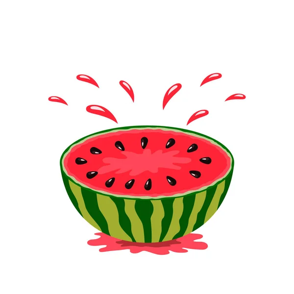 Juicy slice en halv vattenmelon med en spray av juice. logotyp på en vit bakgrund. platt isolerad vektor illustration för webb — Stock vektor