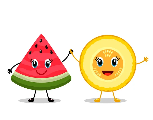 Roliga karaktärer bästa vänner skivor av röd vattenmelon och cantaloupemelon. Begreppet vänskap för evigt i tecknad stil. Platt vektor illustration isolerad på vit bakgrund för webb — Stock vektor