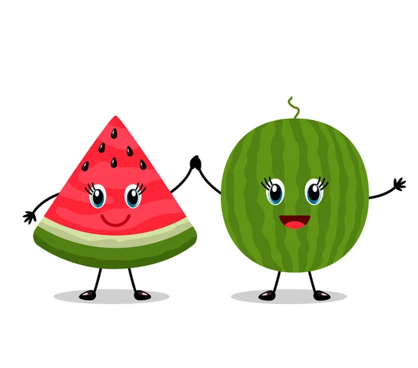 Funny characters best friends red watermelons. Concept of friendship forever in cartoon style. Flat vector illustration isolated on white background — Stock Vector