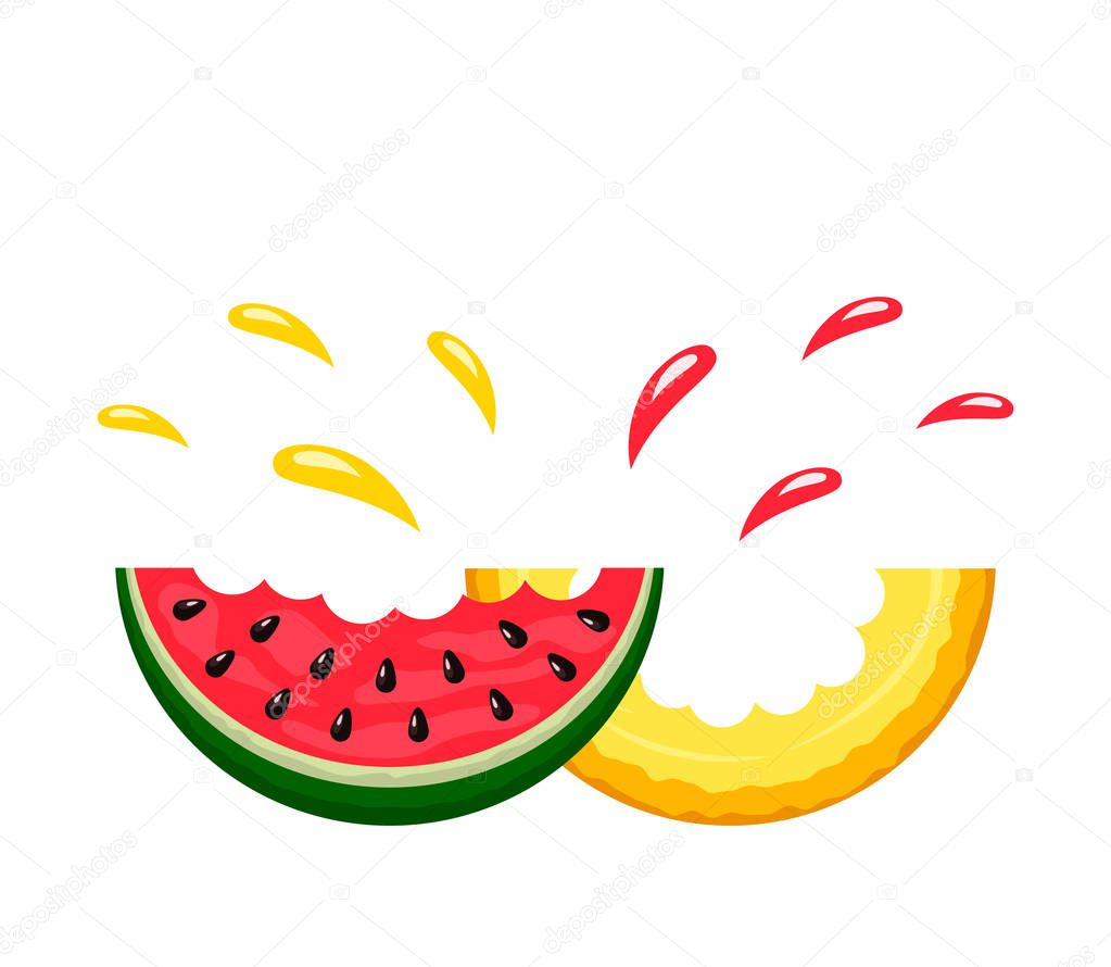 Juicy bite slices of watermelon and cantaloupe with a spray of juice. logo on a white background. flat isolated vector illustration for web and print