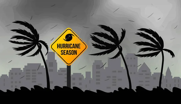 Furacão Tornado Florença, vindo do oceano. Ondas enormes em casas na costa. Desastre tropical e um sinal de catástrofe e aviso. Vetor plano —  Vetores de Stock