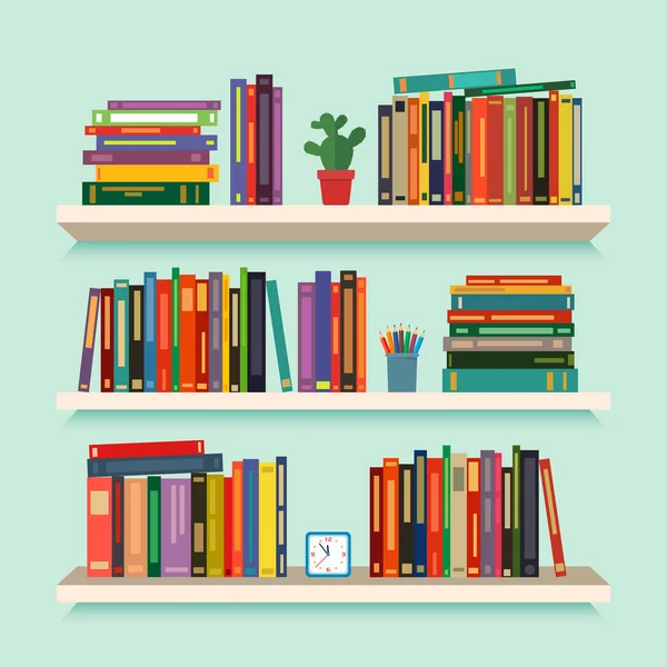 Drie boekenkasten met favoriete boeken, horloges, bloemen en potloden. concept van bibliotheek. vector illustratie geïsoleerd — Stockvector