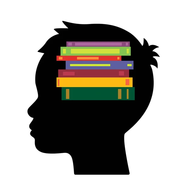 Kafasında kitap olan bir çocuğun profili. öğrenme kavramı. düz vektör illüstrasyon izole — Stok Vektör