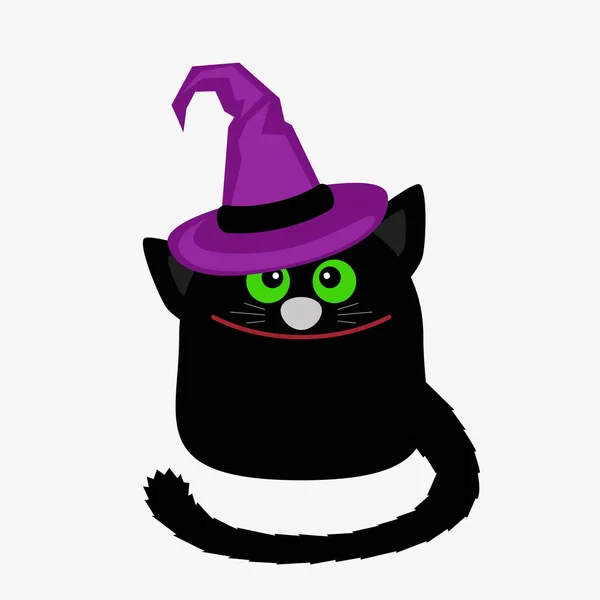 Fröhliches Halloween. eine lustige Katze im Cartoon-Stil im Hut einer Hexe. Grußkarte oder Banner. Vektorabbildung isoliert — Stockvektor