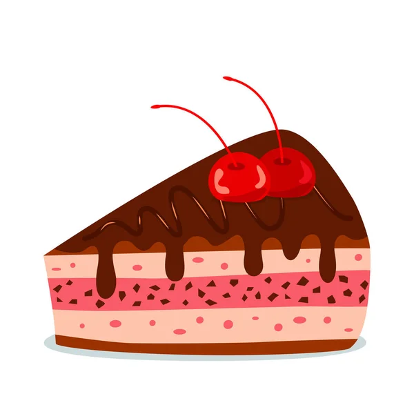 Um pedaço de bolo de cereja com creme de chocolate. conceito de aniversário. ilustração vetorial plana isolada — Vetor de Stock