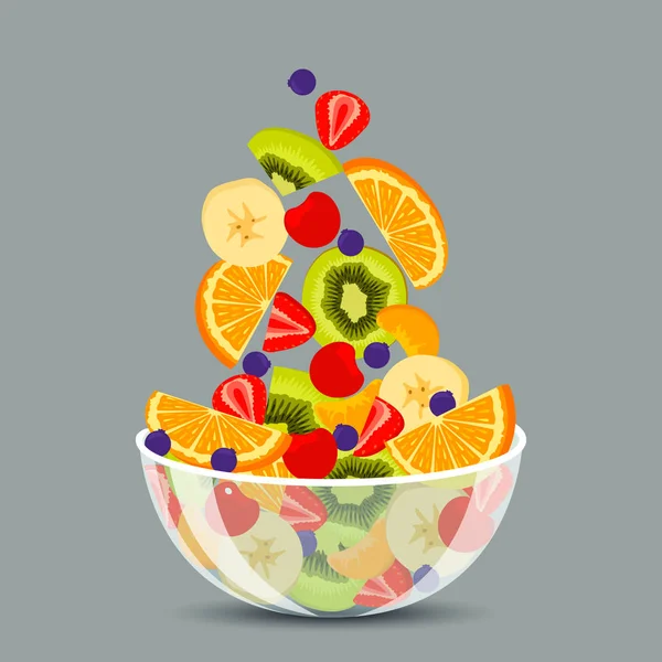 Fresh fruit salad in a transparent bowl isolated on background. The concept of healthy and sports nutrition. Vector illustration — Stock Vector