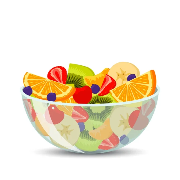 Ensalada de frutas frescas en un tazón transparente aislado sobre fondo. El concepto de nutrición saludable y deportiva. Ilustración vectorial — Vector de stock