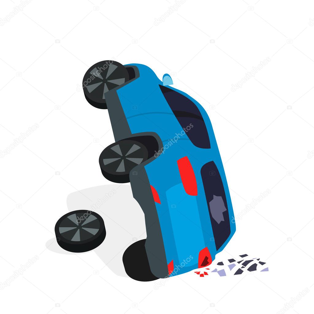 SUV after the accident. Inverted car with a torn off wheel. vector illustration isolated on white background.