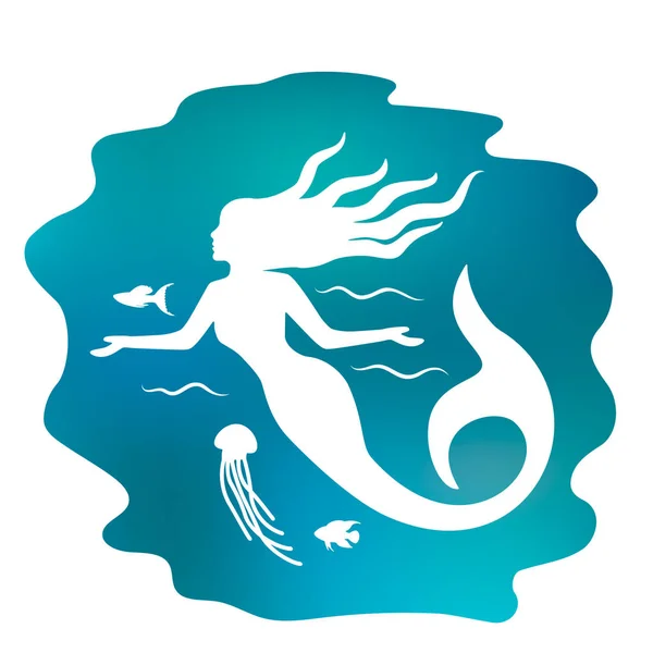 Silueta de una hermosa sirena con el pelo largo bajo el agua. ilustración vectorial plana aislada — Vector de stock