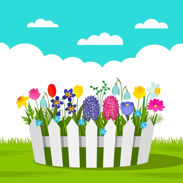 Кровать с весенними цветами и белым забором на улице. концепция сада и садоводства. векторная иллюстрация — стоковый вектор